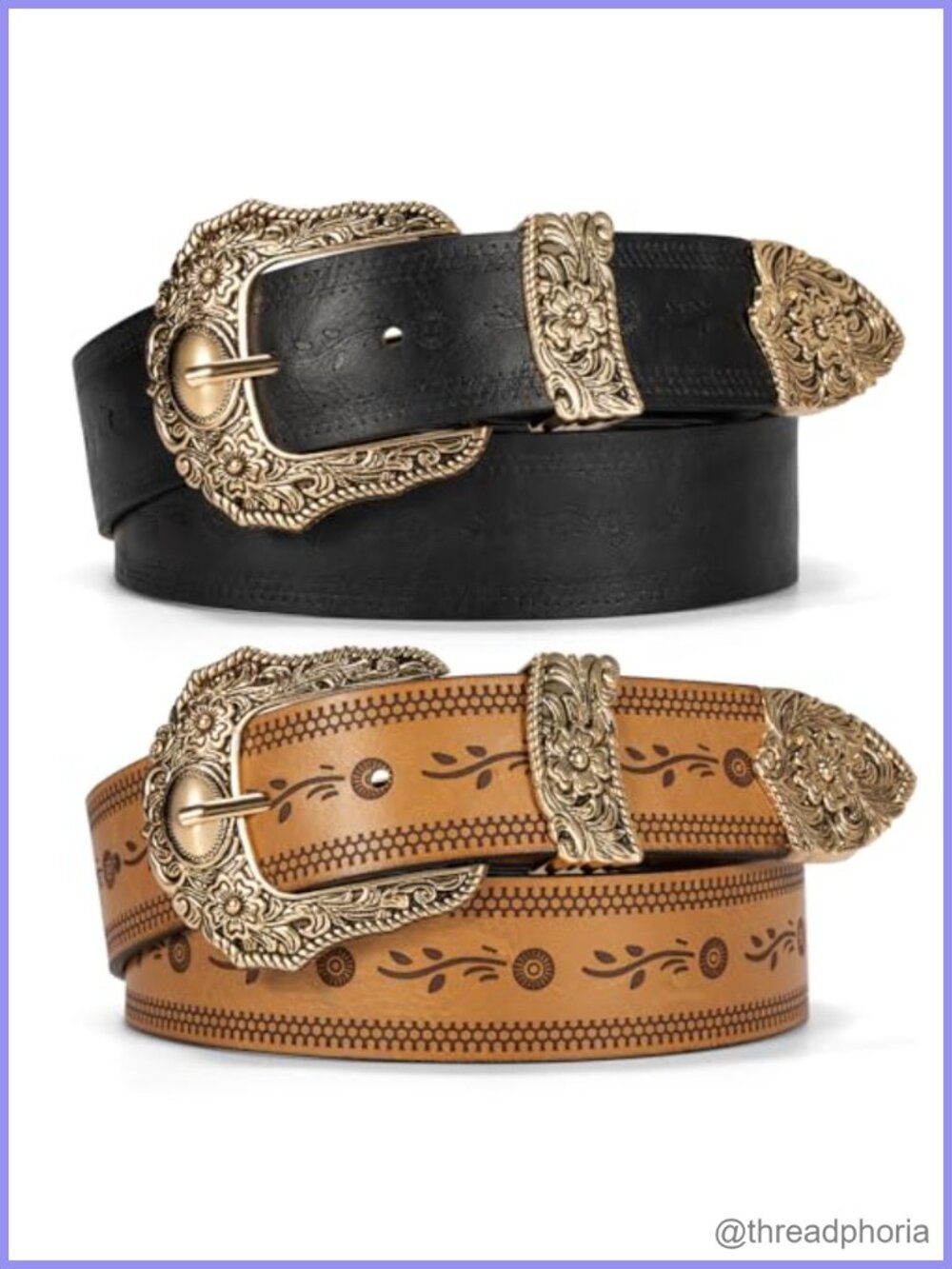 2-Pack Women's Western Cowgirl Belts 1.4" Wide Embossed Strap Gold Buckle